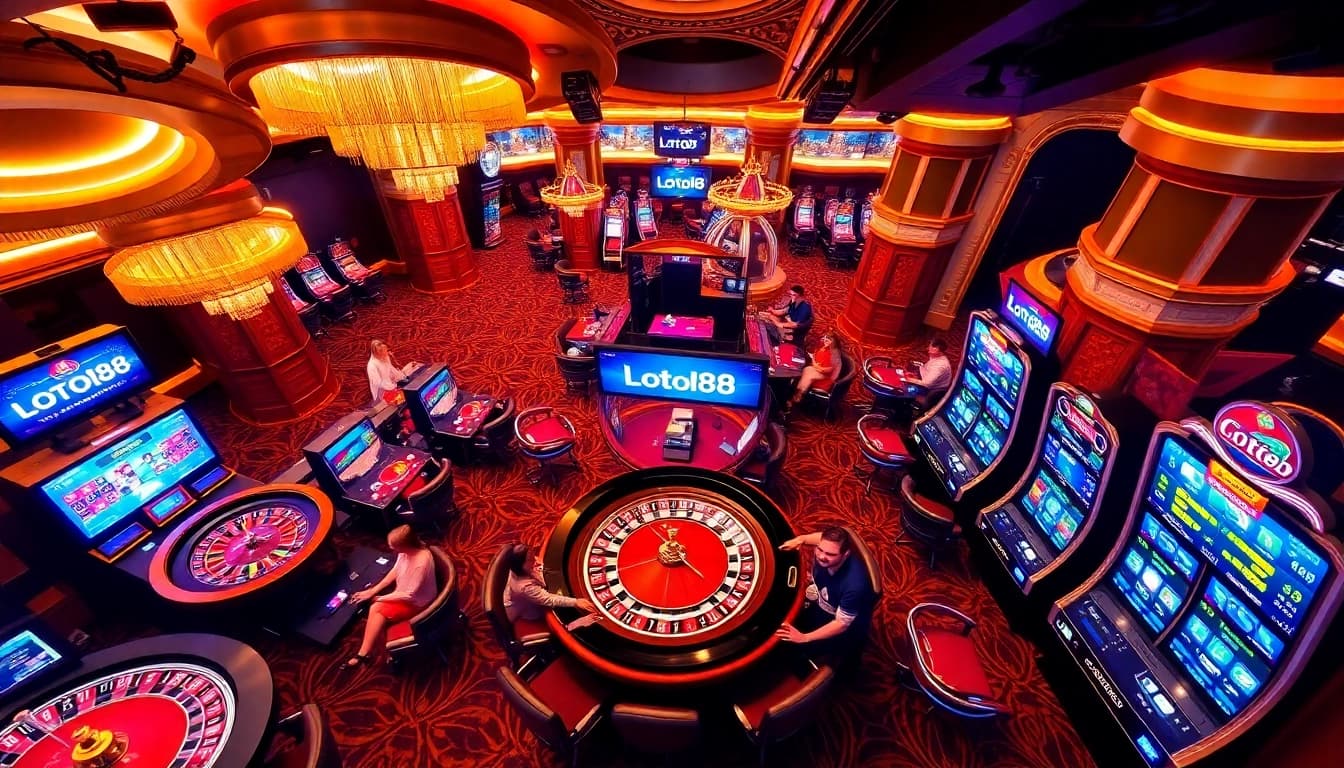 Loto188 online gambling interface with engaging tables, vibrant slot machines, and an exciting casino atmosphere.