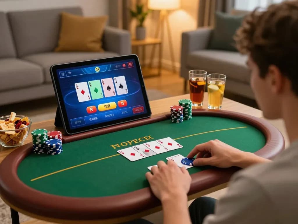 Engaging online poker game experience at home with lucky88z tablet interface and cozy setup.
