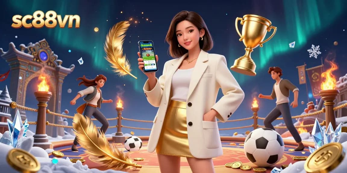Experience the excitement at sc88vn with a dynamic sports betting scene featuring a cheerful Asian woman.