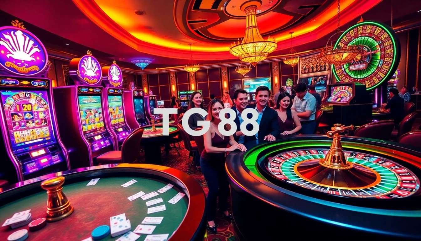 Experience TG88 excitement with gamblers playing at stylish casino tables and vibrant slot machines.