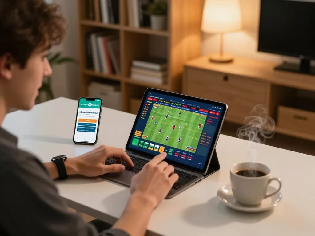 Person engaging in sports betting on https://uu88.blog/ at a home desk while analyzing live odds