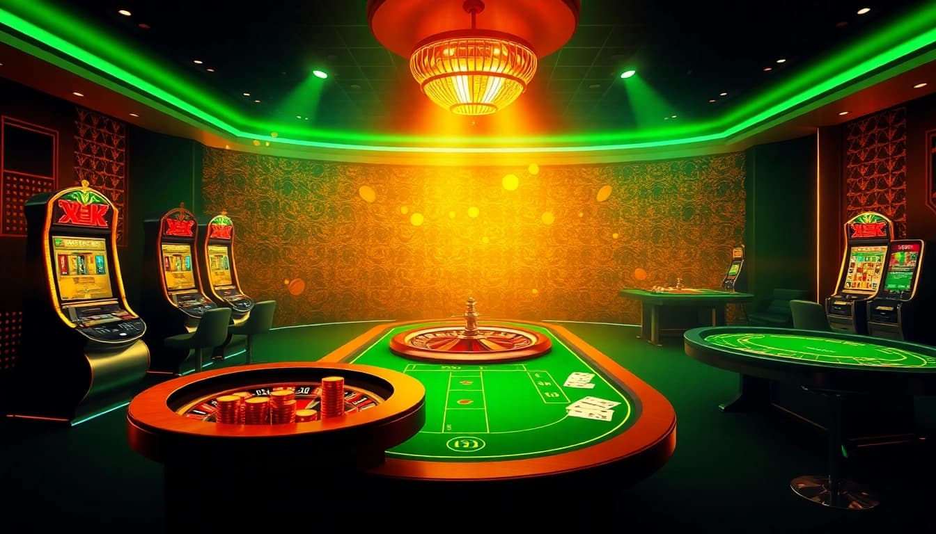 Experience the thrilling online gaming atmosphere at XN88, featuring poker chips, slot machines, and roulette.
