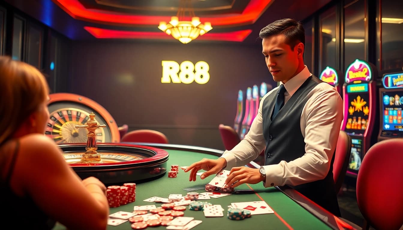 Engaging players at RR88 casino table, with vibrant poker chips and roulette wheel.