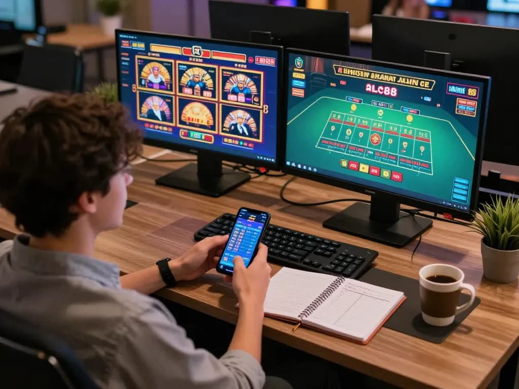 Engaging online casino player enjoying gaming strategies on alc88 platform with dual monitors.