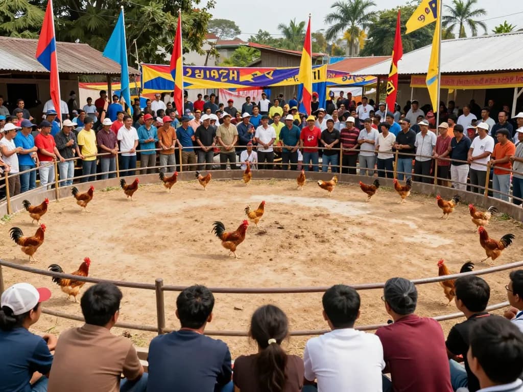 Xem những trận đá gà Thomo hồi hộp hôm nay tại một đấu trường ngoài trời sôi động với các khán giả phấn khích.