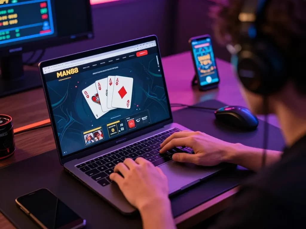 Engaging gaming experience on man88ink platform with poker cards and laptop setup.