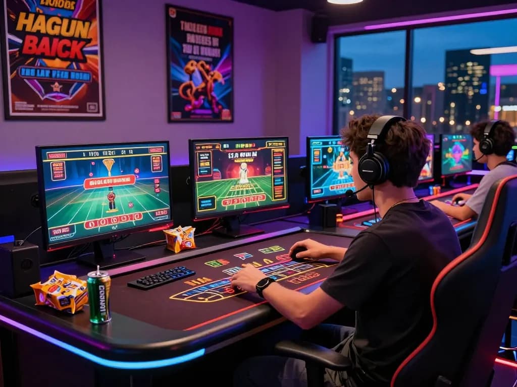 Engaging gaming experience with gem88 logo displayed on multiple monitors, showcasing live betting action and a vibrant urban backdrop.