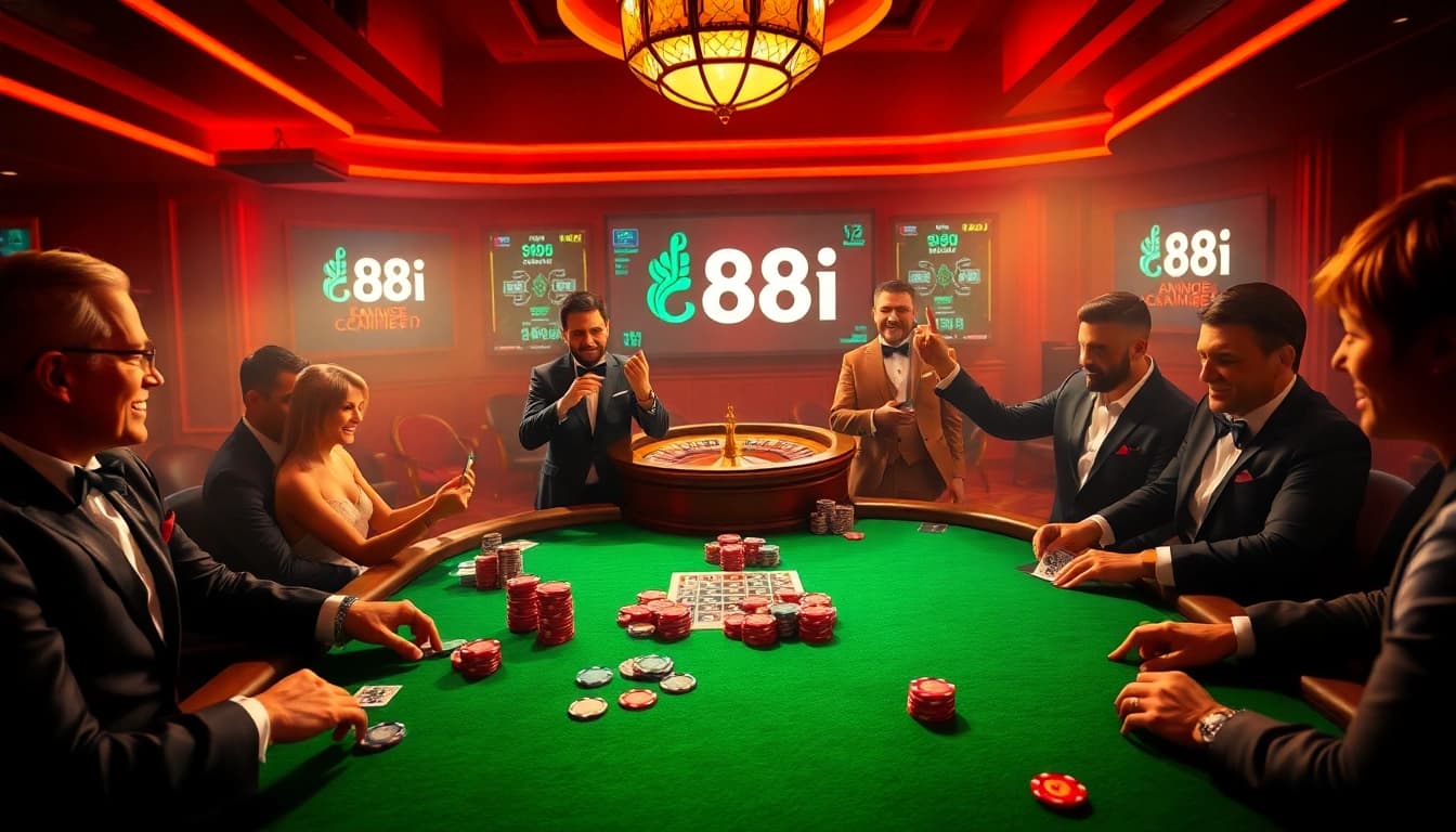 Experience the excitement of 88I at a luxurious casino poker table, showcasing vibrant chips and eager players.