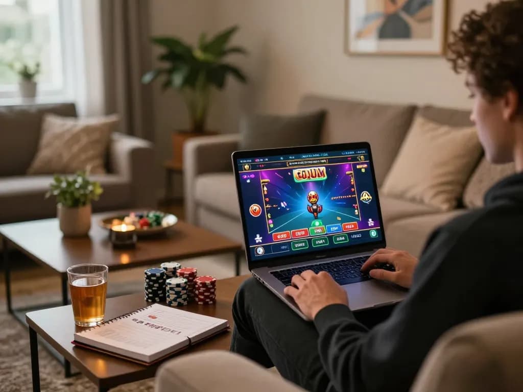 Engaging in online casino gameplay at home with xo888 laptop open, showcasing vibrant poker graphics.