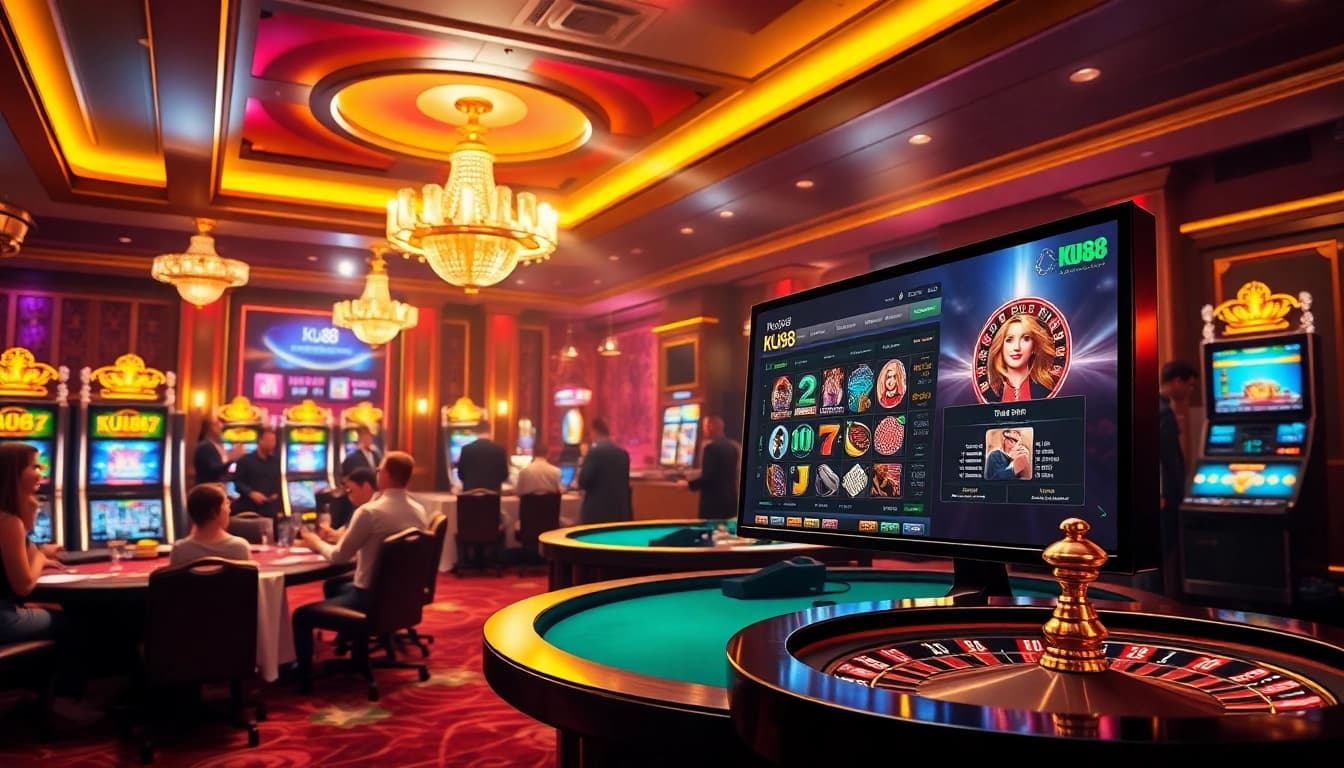 Action-packed scene of gamblers engaging with Ku88 casino games and vibrant slot machines.