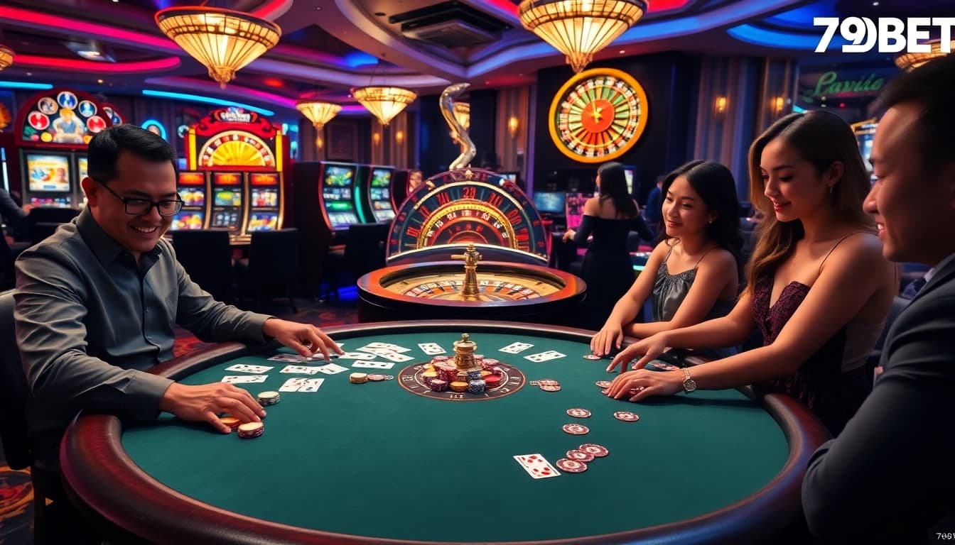 Experience the thrill of gambling with 789BET as players engage at a vibrant poker table and slots.