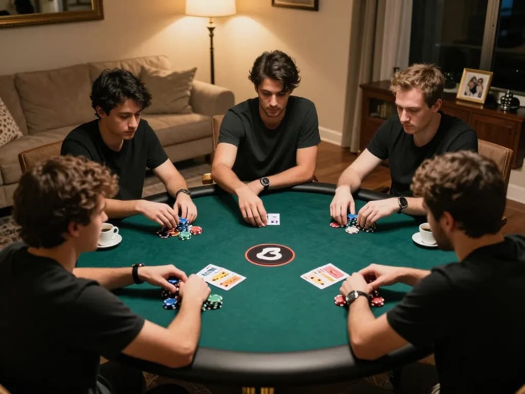 Players enjoying a challenging poker game on F8BET platform in a cozy home setting.