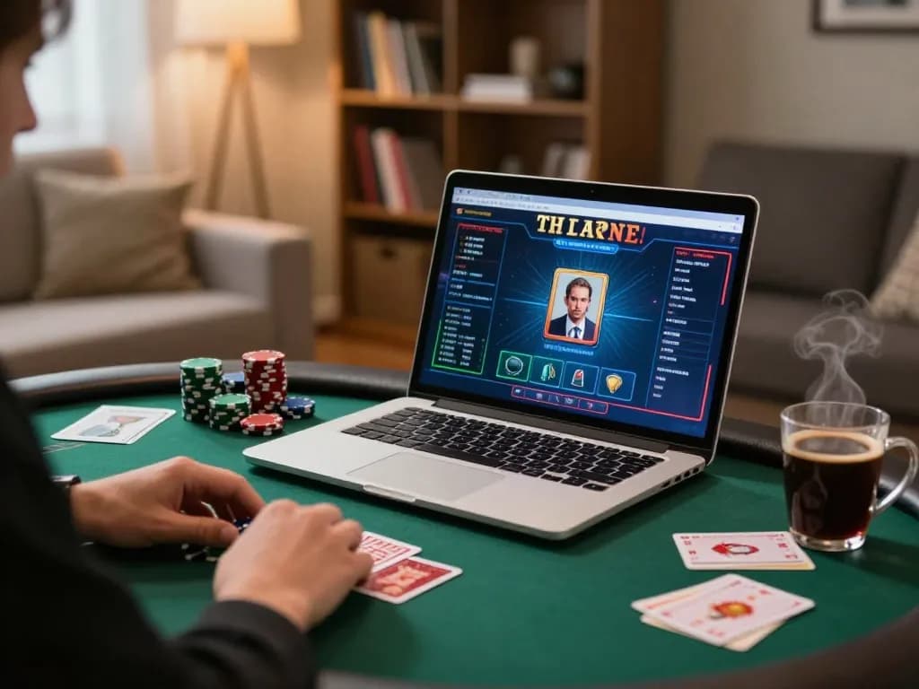 Player engaging in an online poker game on xo88a with focused strategy and cozy ambiance.