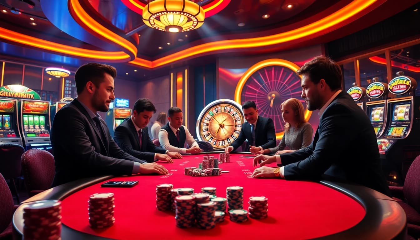 Players engaging at a poker table in an elite casino environment, showcasing the allure of XX88.