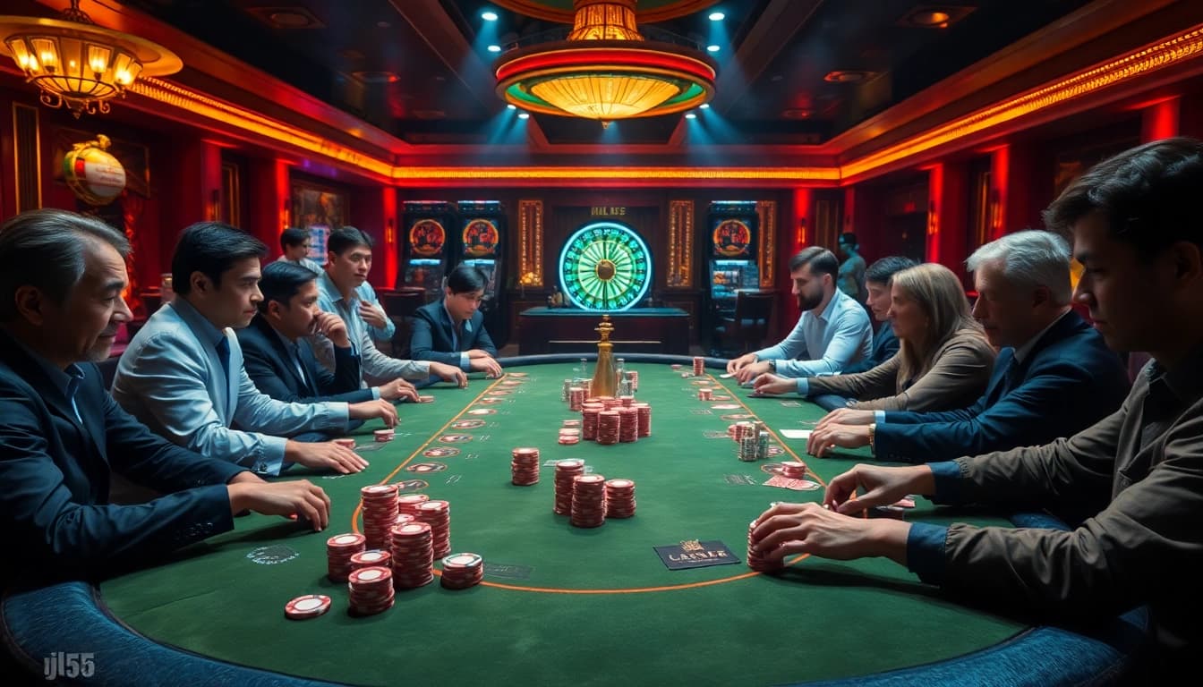 Players enjoying poker at the jl55 club with vibrant casino ambiance, emphasizing excitement.
