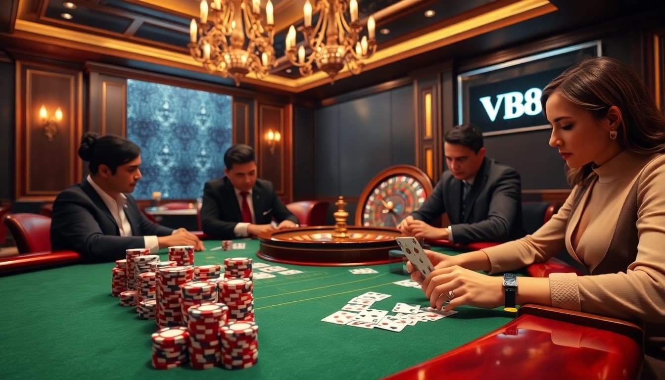 Experience thrilling VB88 live gaming with vibrant cards and chips in a luxurious setting.