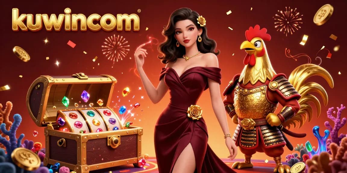 Kuwincom showcases vibrant gaming excitement with glamorous characters and casino elements bursting with color.
