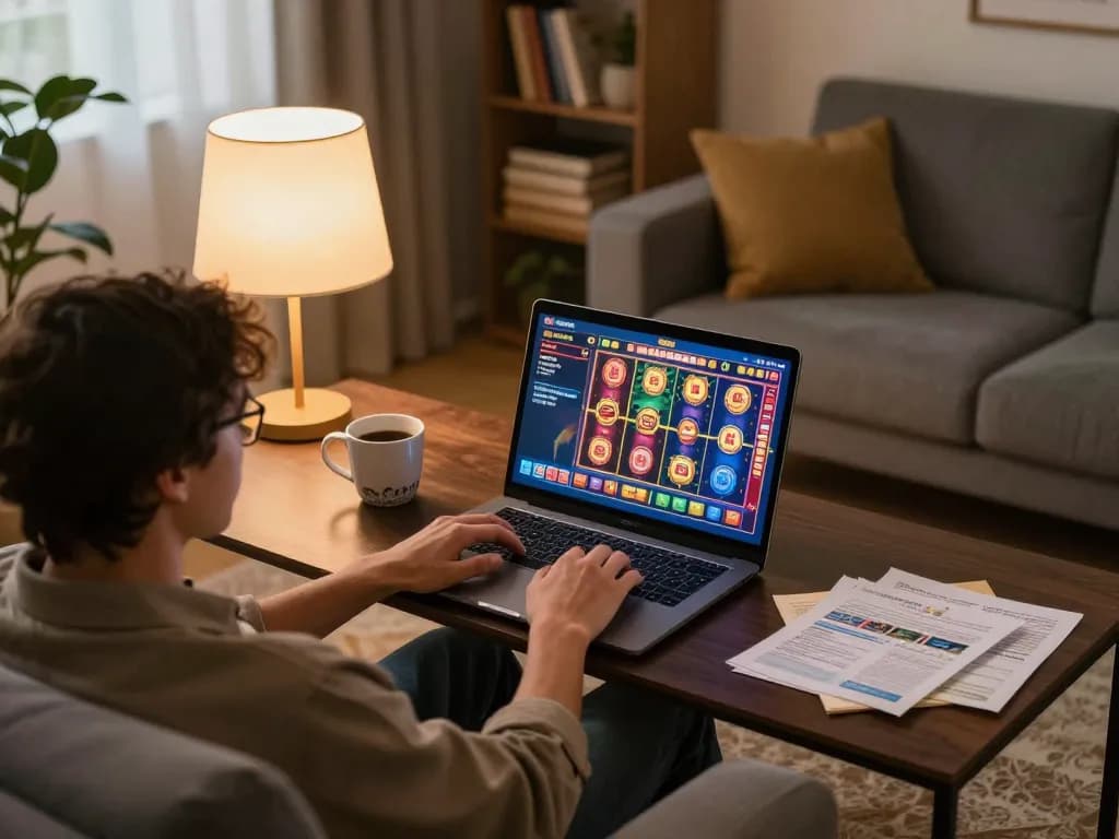Engaging online gaming session on fly88mx, person using laptop with vibrant slot game interface in a cozy setting