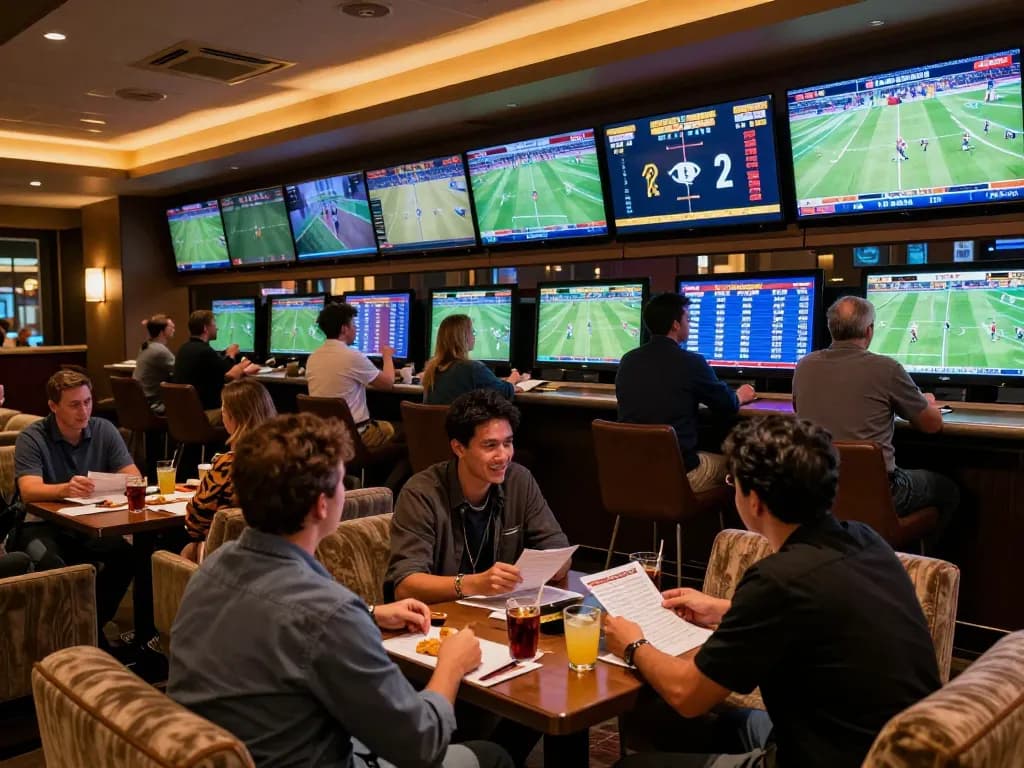 Place bets at 789win đăng ký with enthusiastic bettors enjoying a lively sportsbook lounge scene