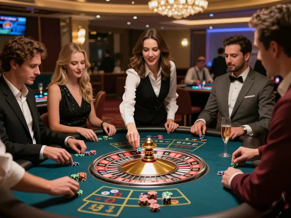 Experience excitement at KUWIN 789 roulette table with players actively betting on a luxury gaming floor.
