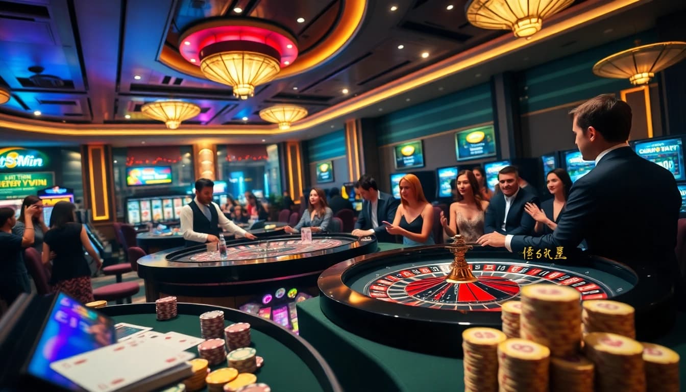 Experience Rút tiền Sunwin at a lively casino with players winning and vibrant gaming elements.