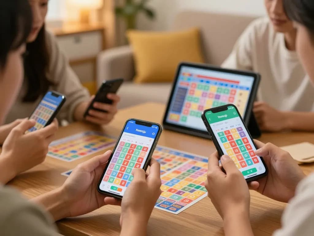 Players strategizing with Yowesjp app on smartphones, enjoying fast-paced Togel gameplay.