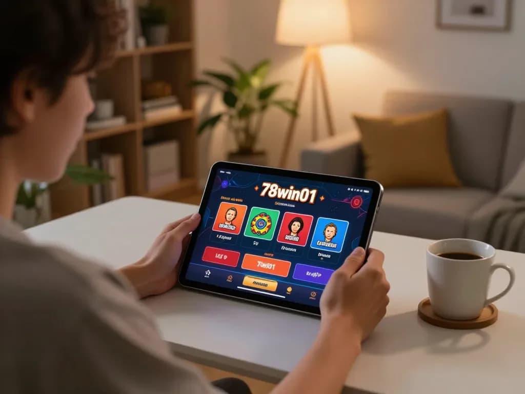 Engaging in 78win01 online casino app gameplay on a tablet in a cozy home setting.