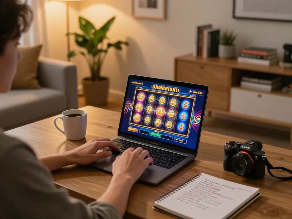 Player enjoying online slots at home on TG88 platform with warm, inviting ambiance.