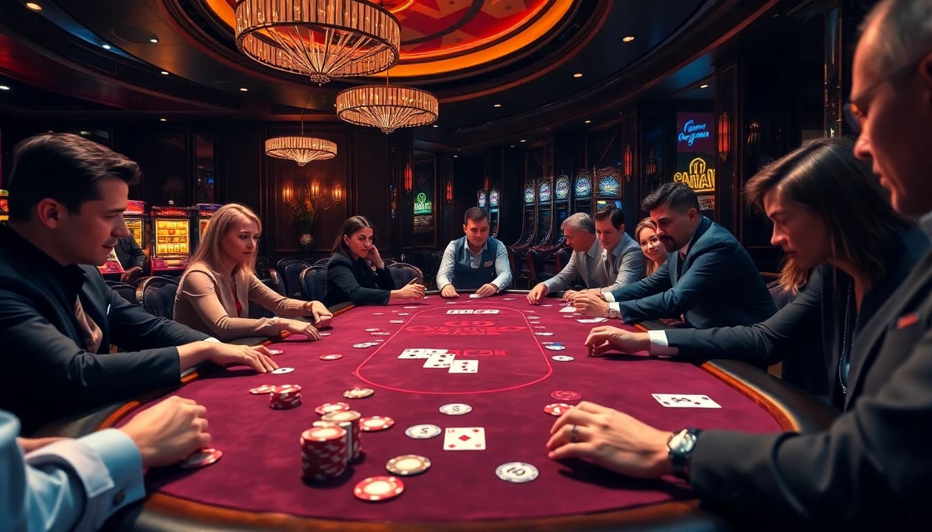 Exciting poker action at ok8386.com, showcasing players and vibrant poker chips.