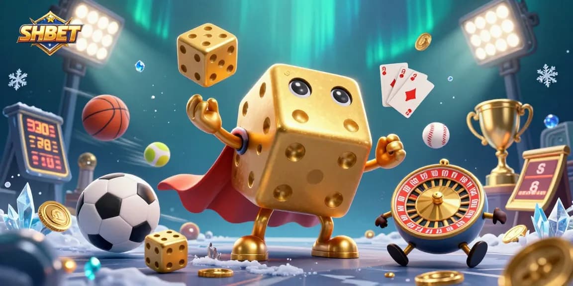 Experience thrilling betting fun with SHBET in a dynamic casino scene filled with gaming elements.