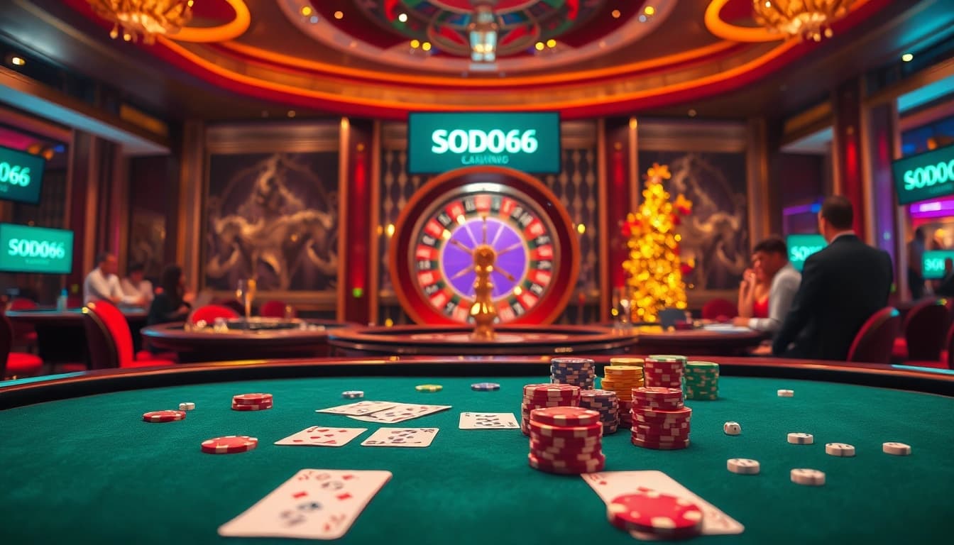 Experience the excitement of SODO66 with thrilling casino games, poker chips, and vibrant roulette.