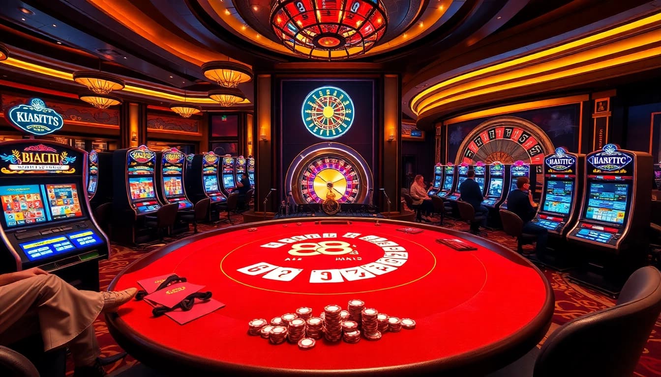 Players enjoying a vibrant game of blackjack with 88aa branding in a luxury casino.