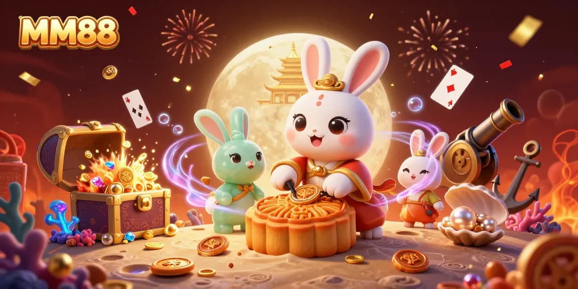 Experience the thrill of MM88 with a lively illustration of a moon rabbit and poker chips among vibrant casino elements.