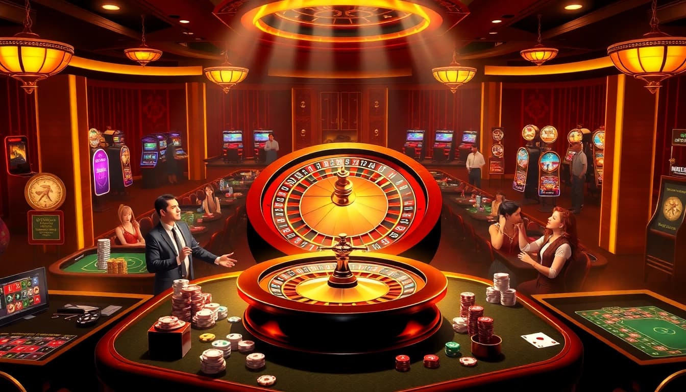 Players engaging with exciting casino games at nhà cái gg88, showcasing vibrant roulette and slot machines.
