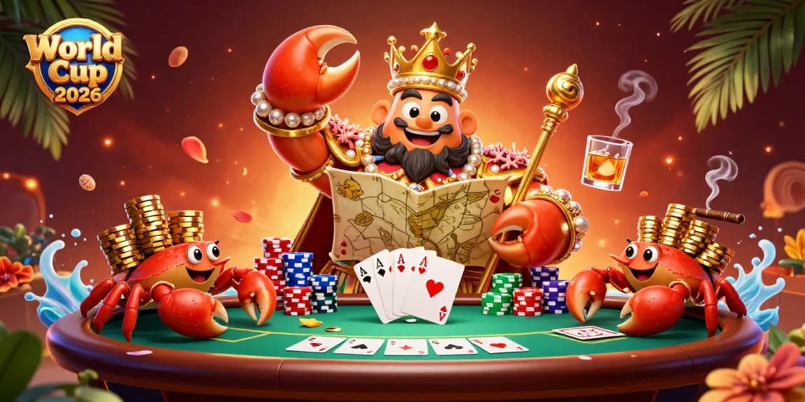 Engage with World Cup 2026 in a lively poker-themed casino illustration featuring a golden crab emperor.