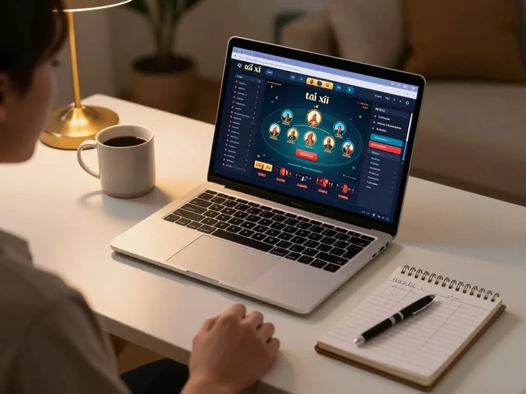 Engaged player exploring tài xỉu online gaming strategies on a laptop in a cozy home setting
