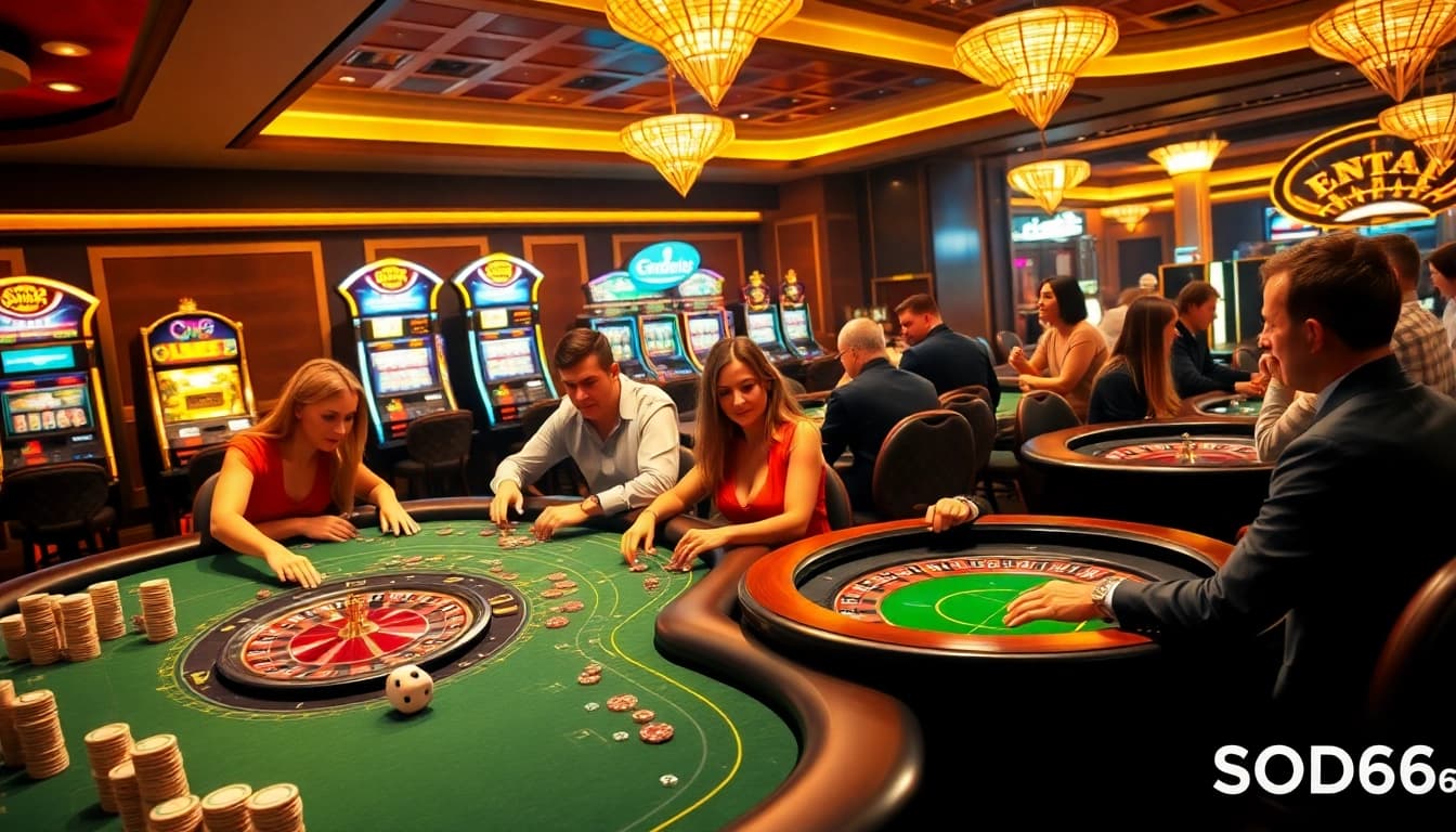 SODO66 players enjoying an exhilarating casino game with vibrant tables and colorful chips.