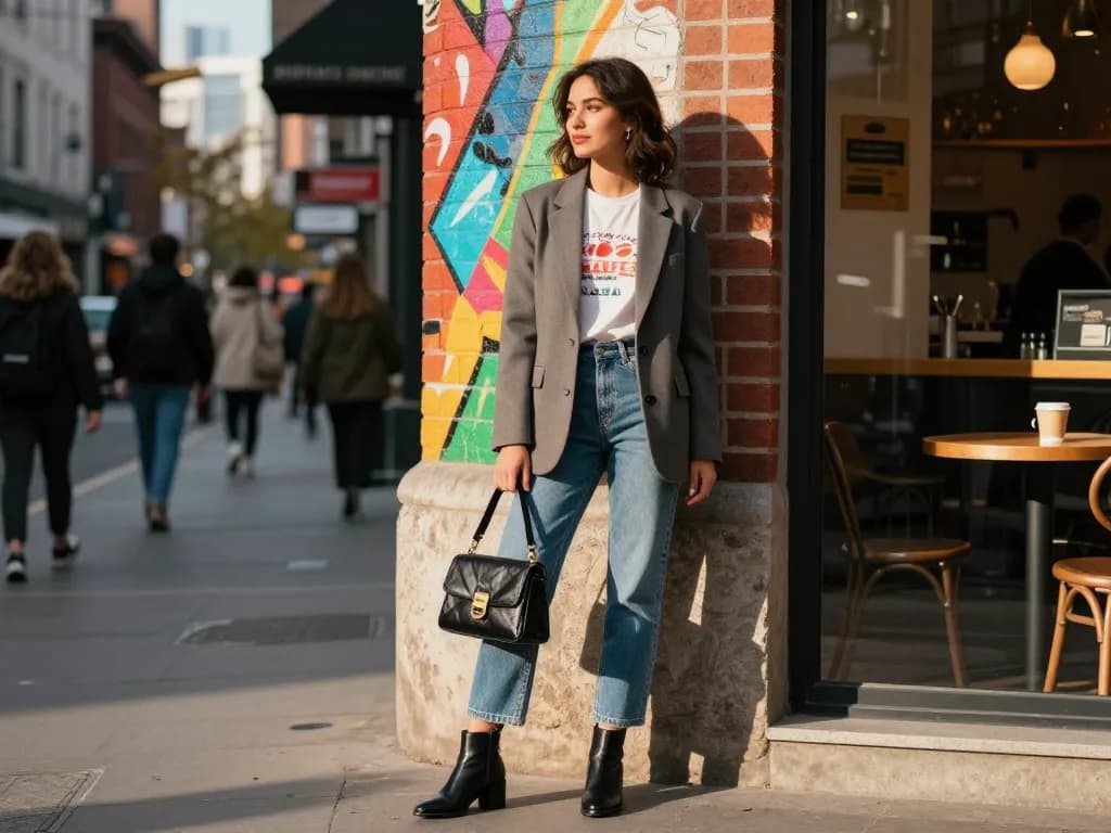 Sunwin fashion scene featuring a stylish woman in an urban setting, showcasing trendy outfit elements and vibrant city backdrop.