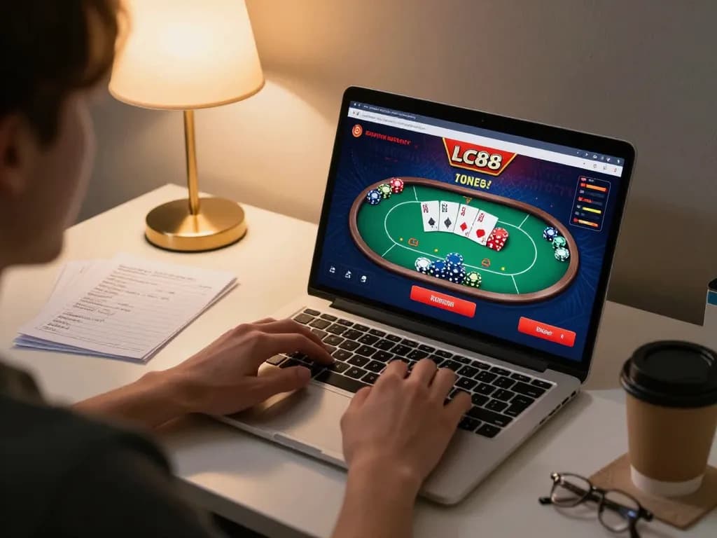 Engaging in online gambling at LC88, showing a poker game on laptop with strategic notes.