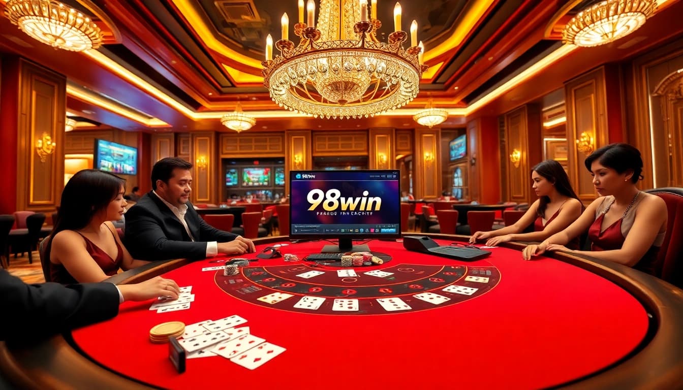 Engaging players at a blackjack table in a luxurious casino environment featuring 98win.