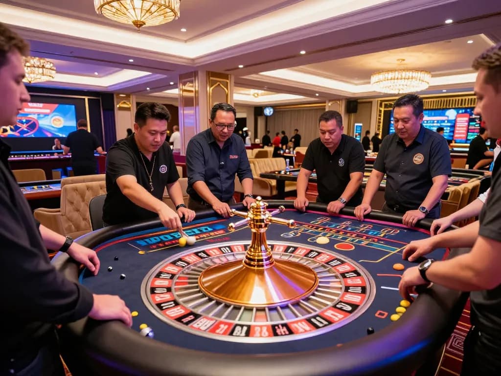 DABET players eagerly watch the spinning roulette wheel, embodying the excitement of casino gaming.
