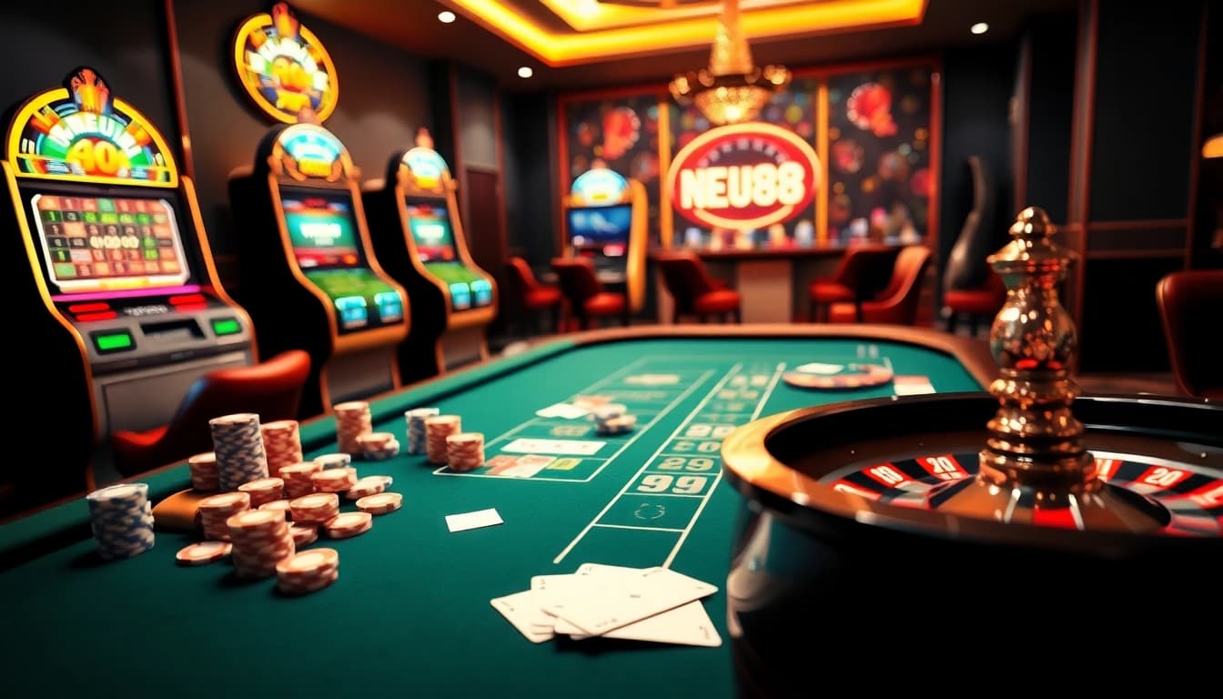 Exciting NEU88 online casino scene with luxurious tables, vibrant chips, and lively atmosphere.