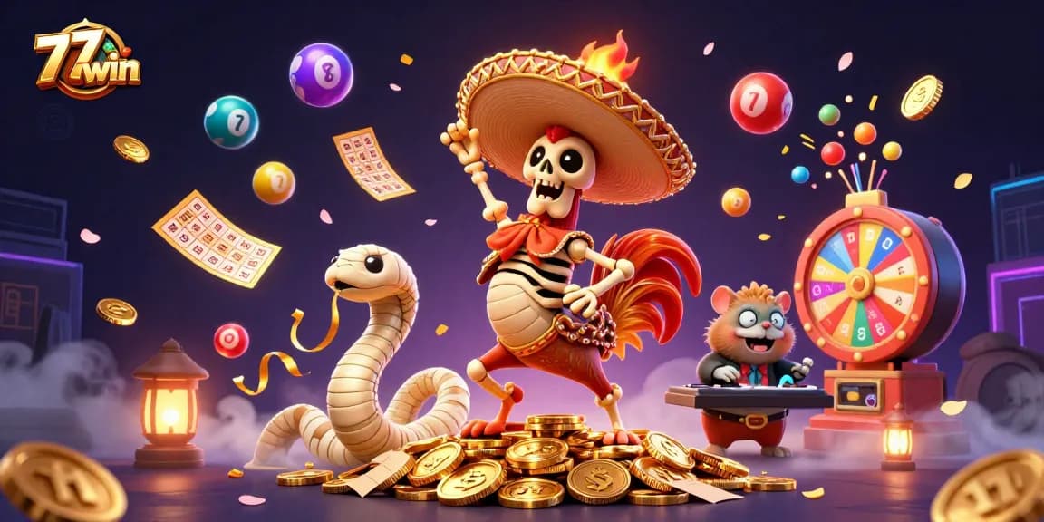 Experience the excitement of 77win's gaming world with vibrant characters celebrating winnings.