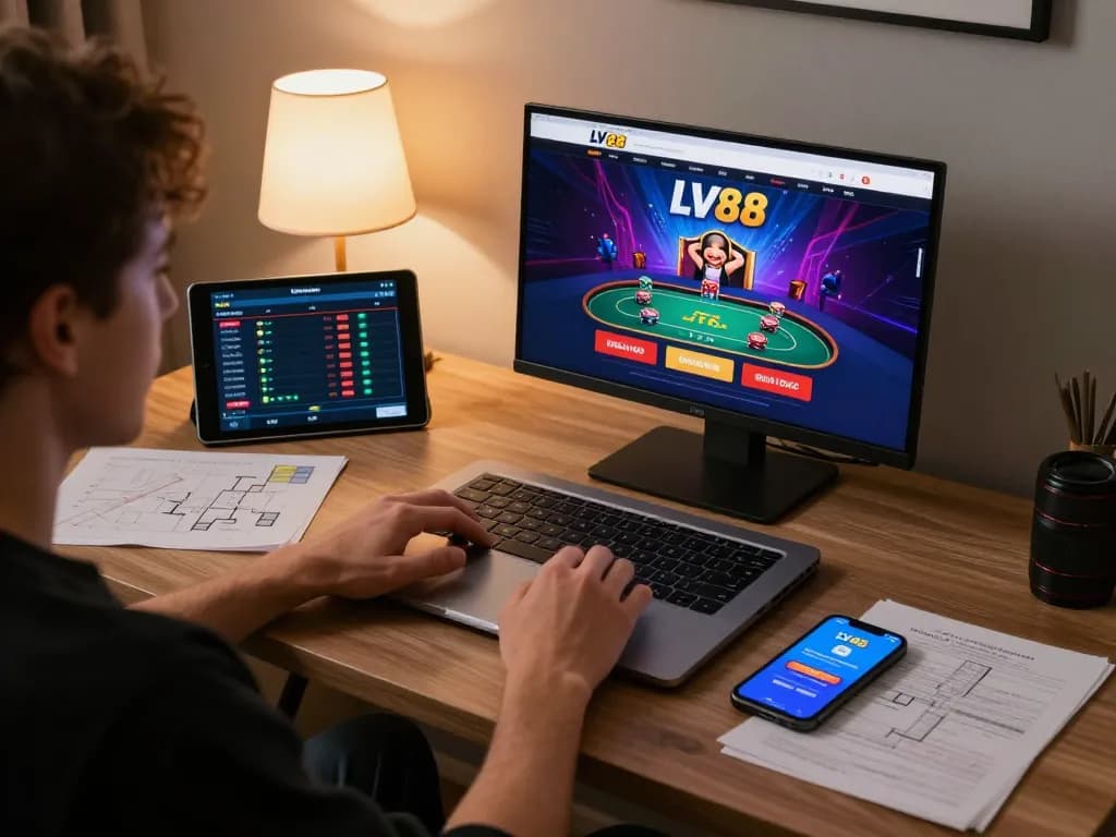 Player engaged on trang chủ lv88 online casino, enjoying a vibrant poker game at home with tablet and smartphone.