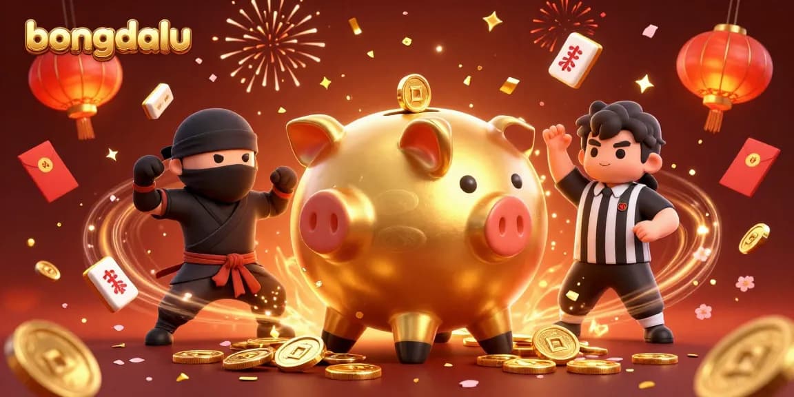 Engage with the thrilling action at bongdalu as a vibrant scene unfolds with a golden piggy bank sumo wrestler, wallet-ninja, and credit-card samurai surrounded by festive gambling elements.