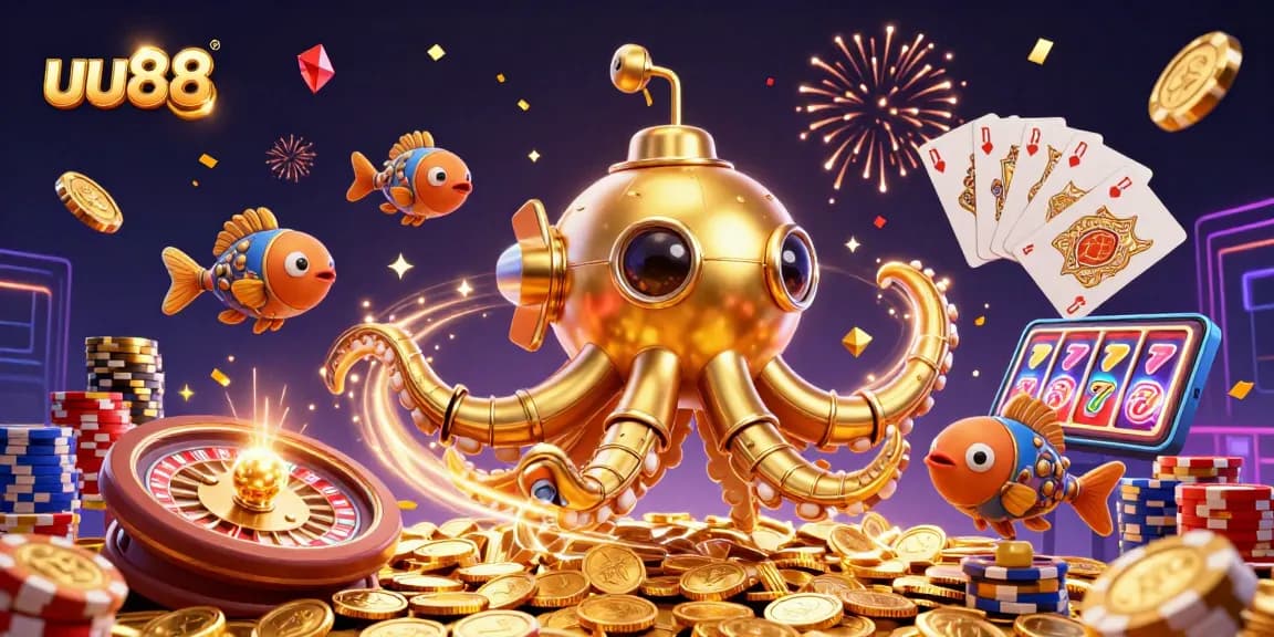 uu88 gamifies the casino experience with golden elements, spinning roulette, and slot reels.