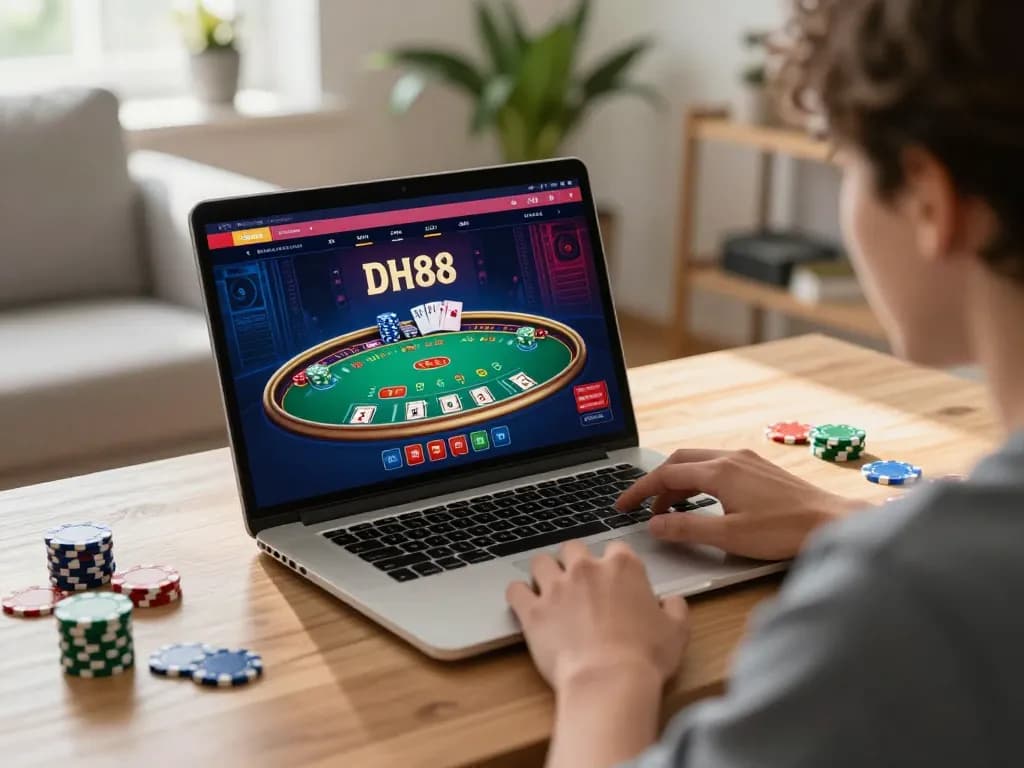 Engaged user playing DH88 online blackjack on a sleek laptop.