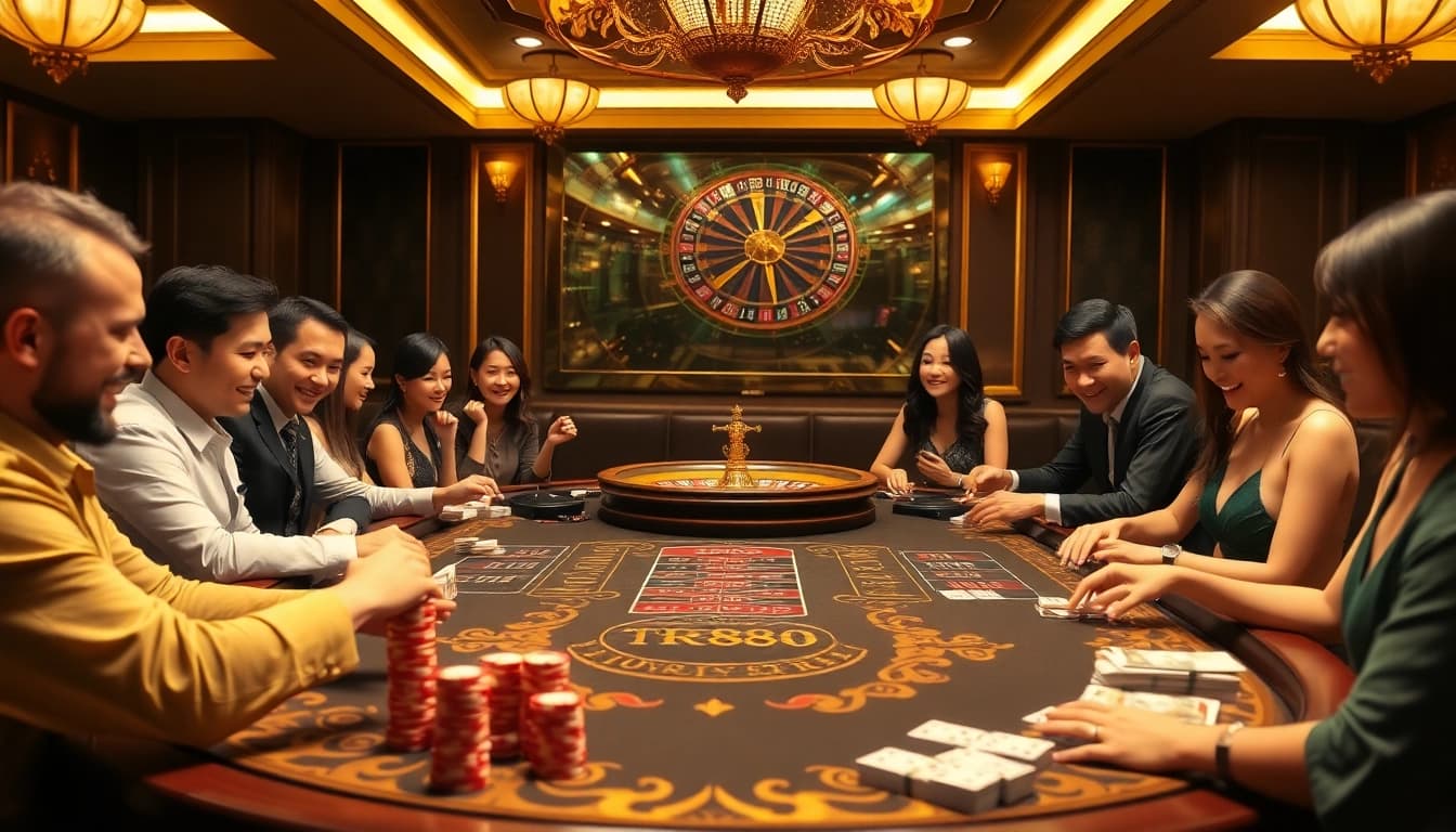 TR88 gaming table displaying poker chips and excited players in a luxurious casino atmosphere