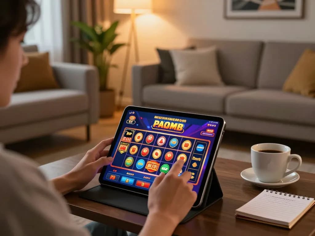 Engaging gameplay on o8 casino app displayed on tablet in cozy home setting