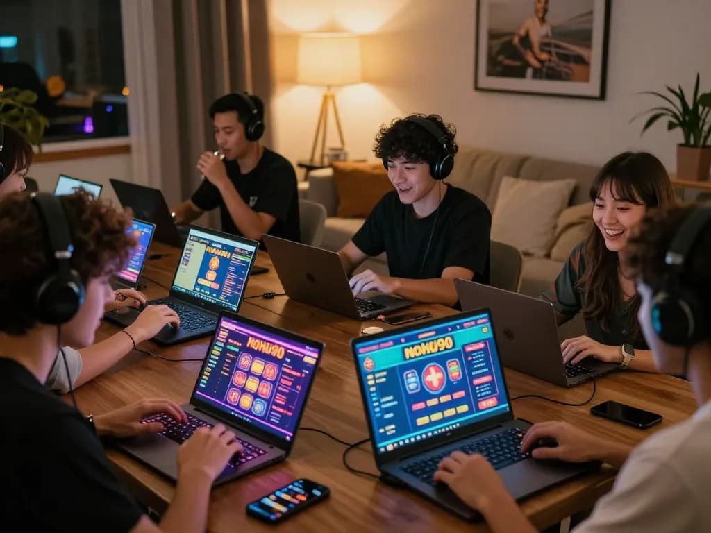 Players enjoying nohu90 online casino games on laptops and mobile devices in a cozy, vibrant environment